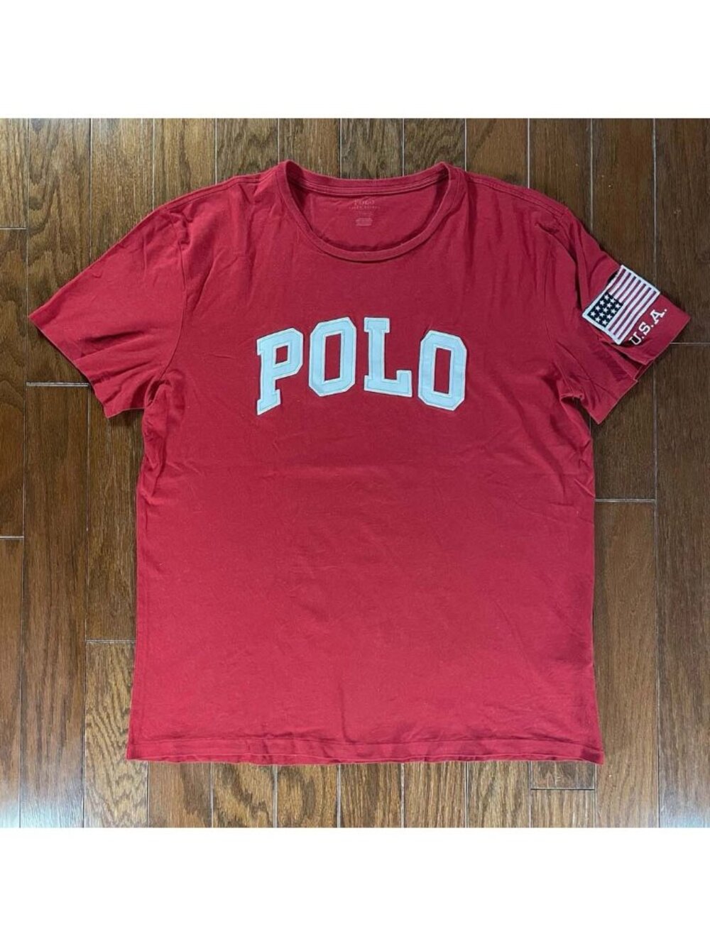 Polo Ralph Lauren Polo Spellout Embroidered USA Flag T-Shirt Red - Men's Large